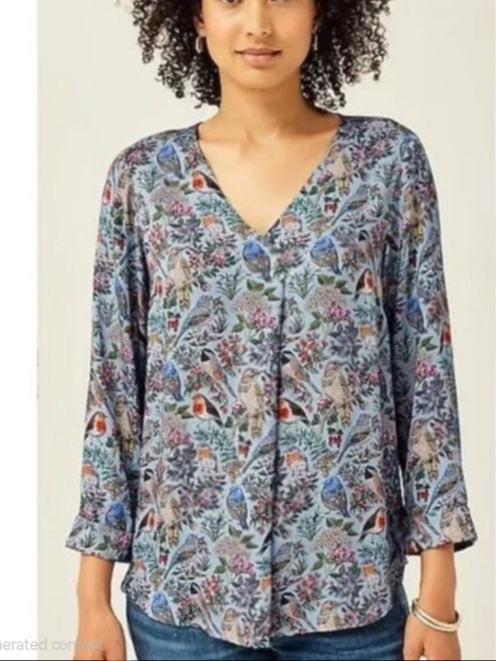 Women's V-Neck Floral Bird Print Blouse - Blue